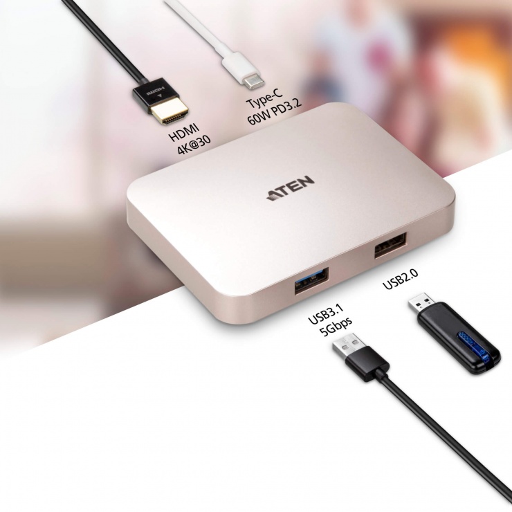 Imagine Ultra Mini Docking station USB-C la HDMI + USB-C PD 60W, ATEN UH3235